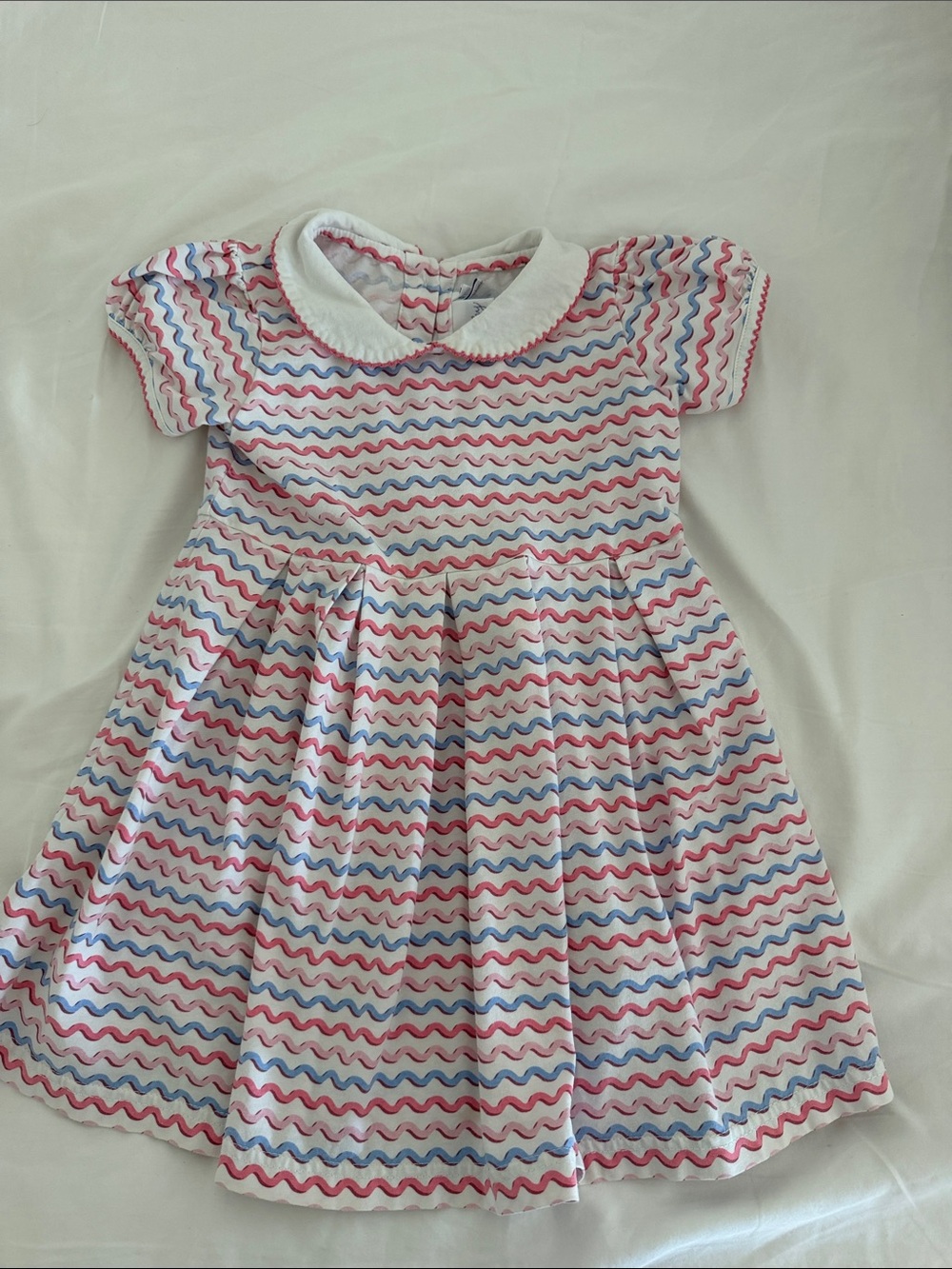 Rachel Riley White Dress with Pink and Blue Wave Stripes